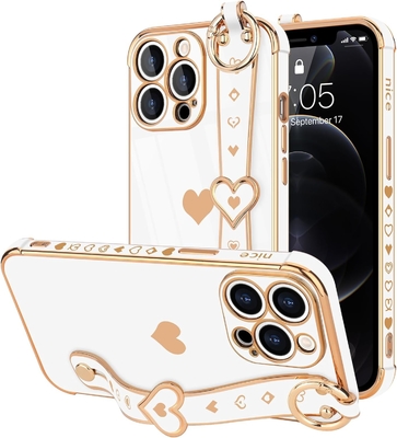 iPhone 12 Pro Cute Love-Heart Plating Strap Phone Cover for Women Girls Bling Silicone Camera Lens Protection Bumper