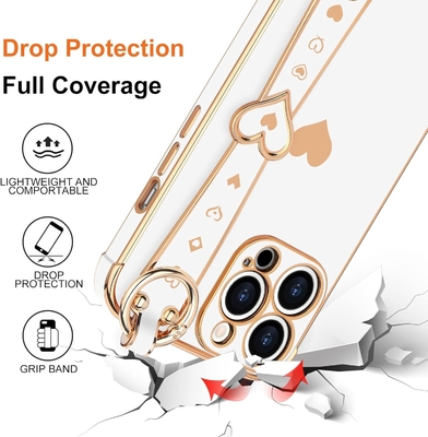 iPhone 12 Pro Cute Love-Heart Plating Strap Phone Cover for Women Girls Bling Silicone Camera Lens Protection Bumper