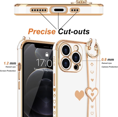 iPhone 12 Pro Cute Love-Heart Plating Strap Phone Cover for Women Girls Bling Silicone Camera Lens Protection Bumper