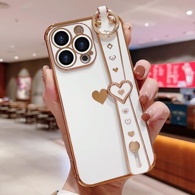 iPhone 12 Pro Cute Love-Heart Plating Strap Phone Cover for Women Girls Bling Silicone Camera Lens Protection Bumper