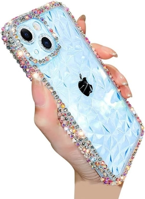 Deluxe Crystal Diamond Pattern Camera Lens Protection Transparent Soft Shockproof Cover Phone Case (blue, iPhone 13 Pro