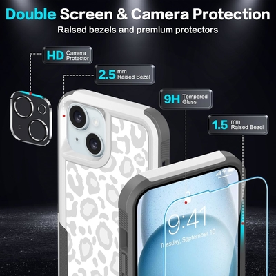 [5 in 1 for iphone 15 Plus Case,with 2 Pack Screen Protector + 2 Pack Camera Lens Protector,Heavy-Duty Tough Rugged