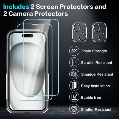 [5 in 1 for iphone 15 Plus Case,with 2 Pack Screen Protector + 2 Pack Camera Lens Protector,Heavy-Duty Tough Rugged