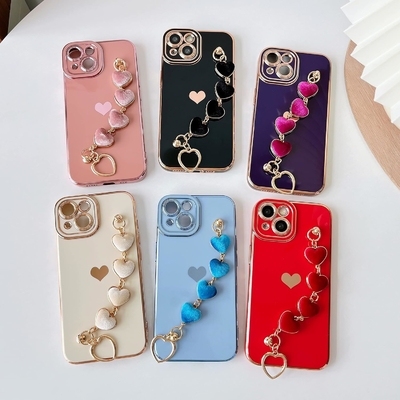 for iPhone 12 Pro Max Case,Cute Plating Love Heart Wrist Strap Chain Bracelet Soft Compatible with