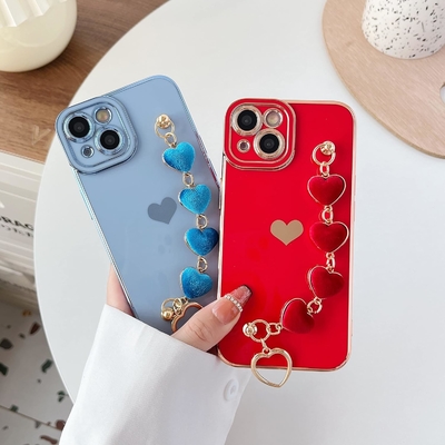 for iPhone 12 Pro Max Case,Cute Plating Love Heart Wrist Strap Chain Bracelet Soft Compatible with