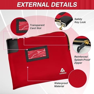 Waterproof Cash Bag with lock and 2 Keys, Money bag with Zipper,Security bags for cash, Durable Money Bank Deposit Bag, Nylon Documents Bag, Coin Check Wallet Pouch,Petty cash bag,11 x 9 Inch,Red