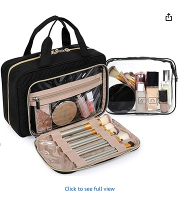 BAGSMART Toiletry Bag Hanging Travel Makeup Organizer with TSA Approved Transparent Cosmetic Bag Makeup Bag for Full Sized Toiletries, Medium-Black