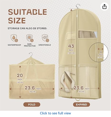 43" Travel Garment Bag with Accessories Zipper Pocket, Heavy Duty Suit Bag for Suits, Tuxedos, Dresses, Coats, Beige, 1 pack