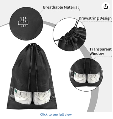 Large  Travel Shoe Bags - 5 Pcs with Clear Window, Non-Woven Drawstring, 12.6" X 17.3" for Men Women
