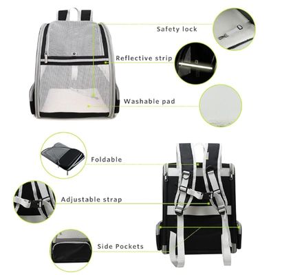 Pet backpack with blinds, suitable for small cats and dogs. It features a ventilation design, a safety strap, a snap support, foldable feature, and is specifically designed for travel, hiking,