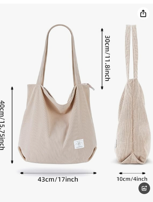 KALIDI Women Corduroy Tote Bag Zipper Casual Tote's Handbag Big Capacity Shoulder Bag with Pockets