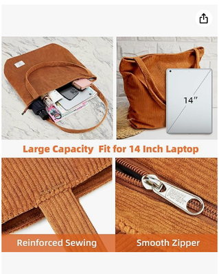 KALIDI Women Corduroy Tote Bag Zipper Casual Tote's Handbag Big Capacity Shoulder Bag with Pockets