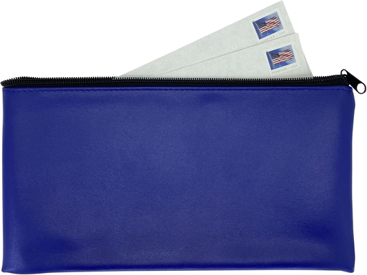 Blue Bank Security Deposit Zipper Bag, Water Resistant Vinyl Coated Leather-like Exterior with Soft Interior Lining. For Cash, Check, Coin and Money Storage and more. 11x6 inch