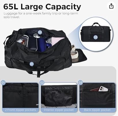 Fmeida 65L Duffle Bag with Shoes Compartment, Foldable Travel Duffel Bags for Men Women, Large Packable Travel Bag Water Repellent & Tear Resistant