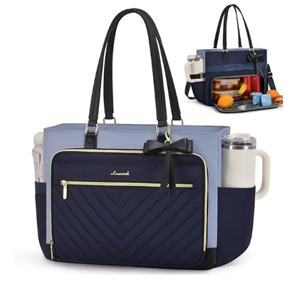 Lunch Tote Bag for Women, Insulated Lunch Bag with Laptop Compartment, Large Capacity Work Tote with Cup Holder, Water Resistant Insulated Bag Leakproof for Teacher Nurse, Office, 15.6 Inch