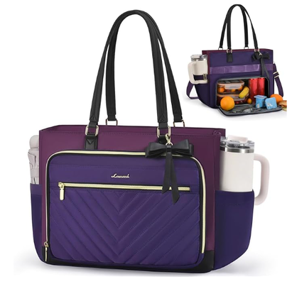 Lunch Tote Bag for Women, Insulated Lunch Bag with Laptop Compartment, Large Capacity Work Tote with Cup Holder, Water Resistant Insulated Bag Leakproof for Teacher Nurse, Office, 15.6 Inch