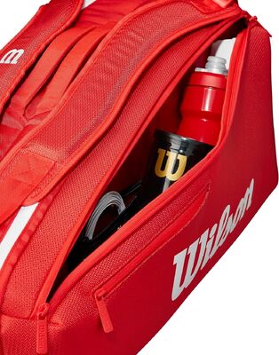Wilson Super Tour Red Tennis Racket Backpack designed to hold up to 6 rackets with thermoguard lining and dual carrying system for comfortable transport
