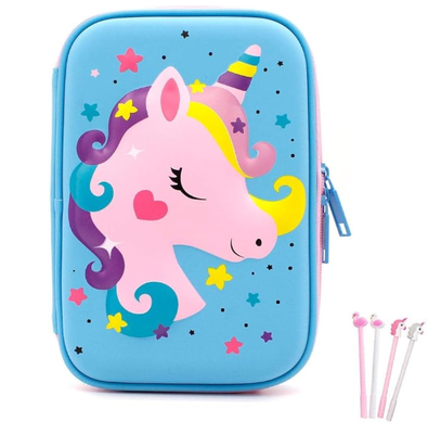 3D Cute EVA Unicorn Pen Pouch Stationery Box Anti-Shock Large Capacity Multi-Compartment for School with 4 unicorn pens ;EVA shell cushions supplies