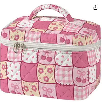Large Quilted Makeup Bag Vintage Sewing Pattern Cosmetic Travel Case for Women Patchwork Aesthetic Toiletry Organizer with Handle Skincare Brushes Accessories