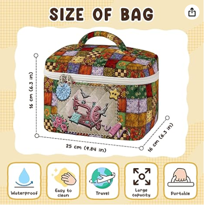 Large Quilted Makeup Bag Vintage Sewing Pattern Cosmetic Travel Case for Women Patchwork Aesthetic Toiletry Organizer with Handle Skincare Brushes Accessories