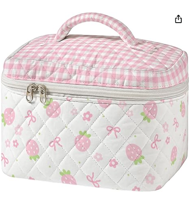 Large Quilted Makeup Bag Vintage Sewing Pattern Cosmetic Travel Case for Women Patchwork Aesthetic Toiletry Organizer with Handle Skincare Brushes Accessories