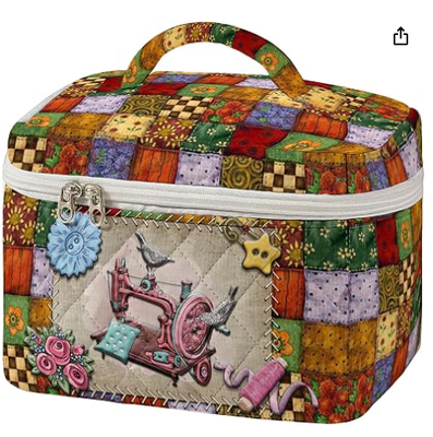 Large Quilted Makeup Bag Vintage Sewing Pattern Cosmetic Travel Case for Women Patchwork Aesthetic Toiletry Organizer with Handle Skincare Brushes Accessories