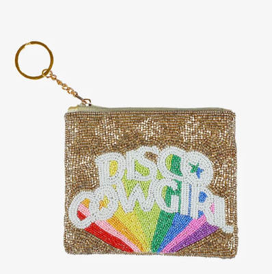 Compact coin bag with intricate beadwork secure top zip closure and gold tone key ring ideal for storing coins and small items
