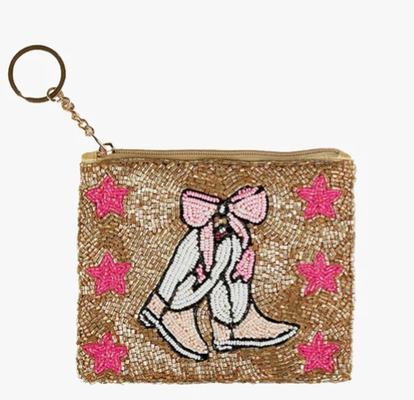 Ricki Beaded Coin Bag with Front and Back Beadwork Secure Zip Closure and Gold Tone Key Ring for Convenient Coin Storage