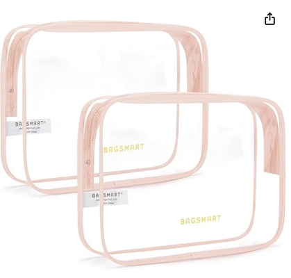 Clear Toiletry Bag with Handle 2-Pack TSA Approved, Pink | Water-resistant Travel Toiletry Bag, Carry On Travel Accessories Bag, Airport Airline Quart Size Bags Women Men, Makeup Bag