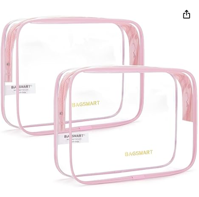 Clear Toiletry Bag with Handle 2-Pack TSA Approved, Pink | Water-resistant Travel Toiletry Bag, Carry On Travel Accessories Bag, Airport Airline Quart Size Bags Women Men, Makeup Bag