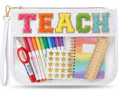 Teacher Appreciation Gifts Makeup Bag, Graduation Gift Bag for Women | Cute TEACH Chenille Letter Organizer Pouch. Perfect End of Year Teacher Gifts, Clear Cosmetic Bag & Teacher Bags Essentials