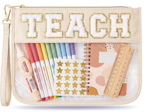 Teacher Appreciation Gifts Makeup Bag, Graduation Gift Bag for Women | Cute TEACH Chenille Letter Organizer Pouch. Perfect End of Year Teacher Gifts, Clear Cosmetic Bag & Teacher Bags Essentials