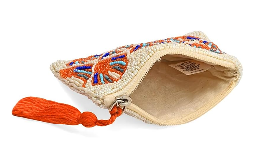 America & Beyond Seashell Pattern Beaded Coin Pouch || Hand-Beaded Shell Purse|| Zip Coin Purse for Women|| Coastal Mini Pouch