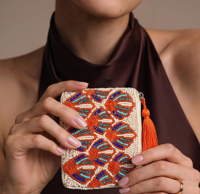 America & Beyond Seashell Pattern Beaded Coin Pouch || Hand-Beaded Shell Purse|| Zip Coin Purse for Women|| Coastal Mini Pouch