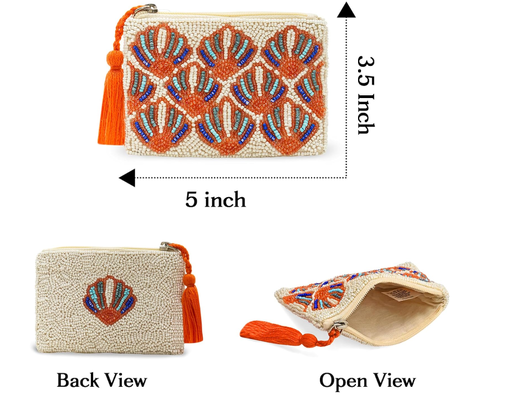 America & Beyond Seashell Pattern Beaded Coin Pouch || Hand-Beaded Shell Purse|| Zip Coin Purse for Women|| Coastal Mini Pouch