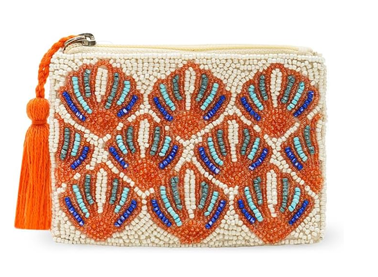 America & Beyond Seashell Pattern Beaded Coin Pouch || Hand-Beaded Shell Purse|| Zip Coin Purse for Women|| Coastal Mini Pouch