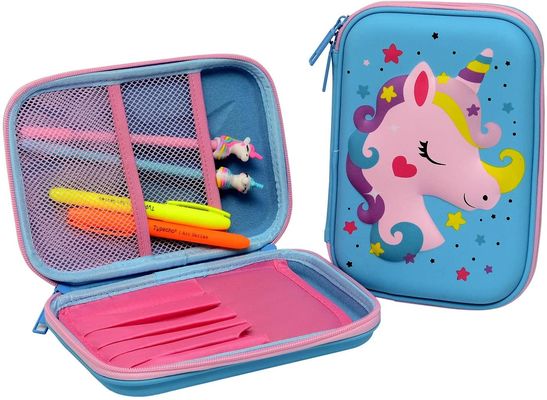 Waterproof EVA Pencil Case Featuring 3D Unicorn Design Elastic Pocket and Molded Foam Interior for Storage and Transport