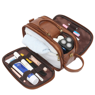Bathroom Men PU Leather Toiletry Wash Bag Travel Shaving Dopp Kit Water Resistant